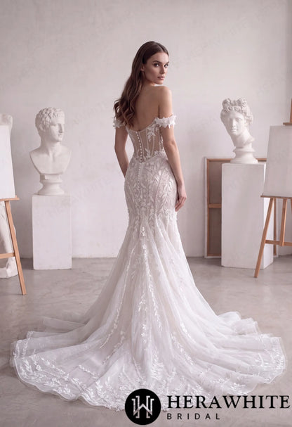 Off-Shoulder Lace Mermaid Wedding Dress with 3D Floral HW4102 — HW4102 — image 3