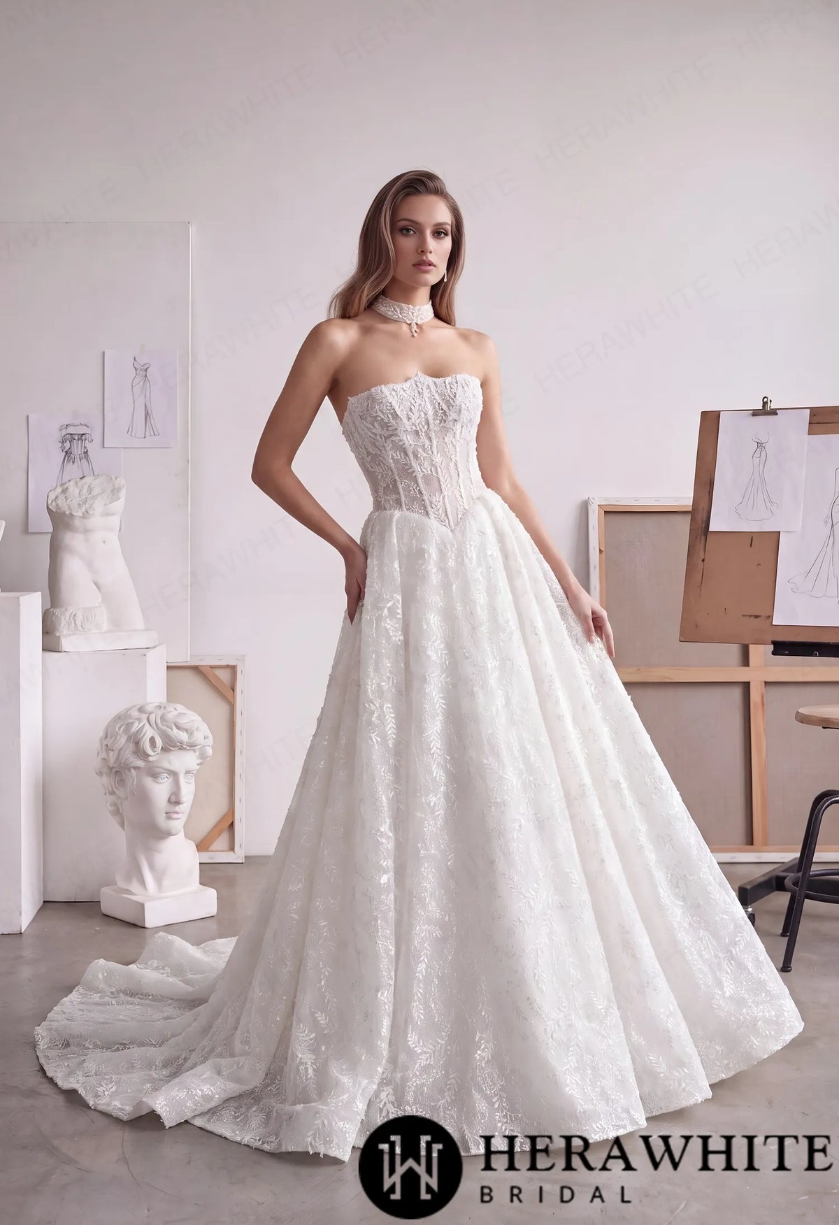 Strapless Lace A-Line Wedding Gown with Basque Waist HW4103 — HW4103 — image 1