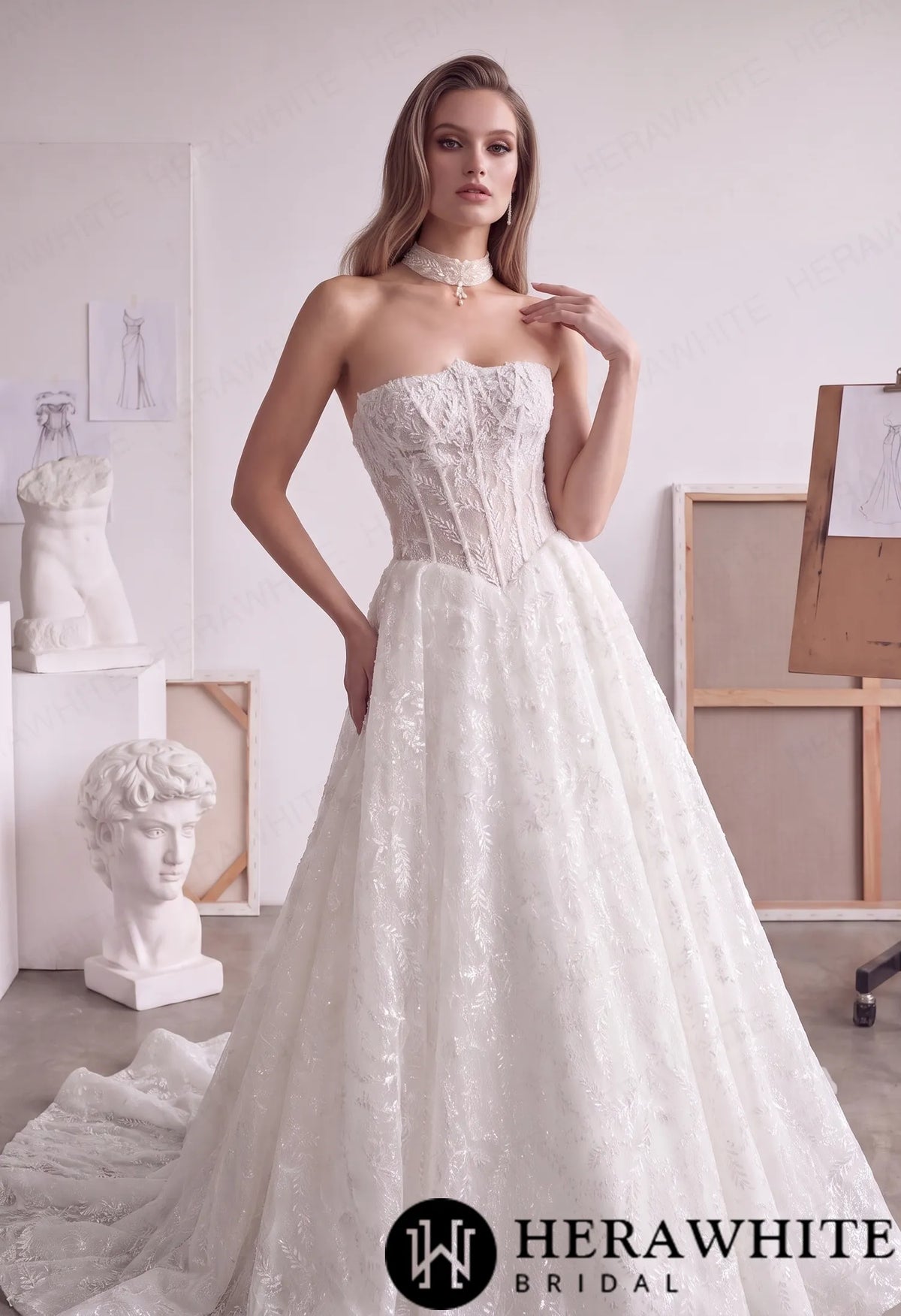 Strapless Lace A-Line Wedding Gown with Basque Waist HW4103 — HW4103 — image 2