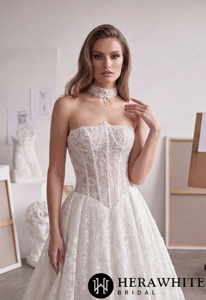 Strapless Lace A-Line Wedding Gown with Basque Waist HW4103 — HW4103 — image 3