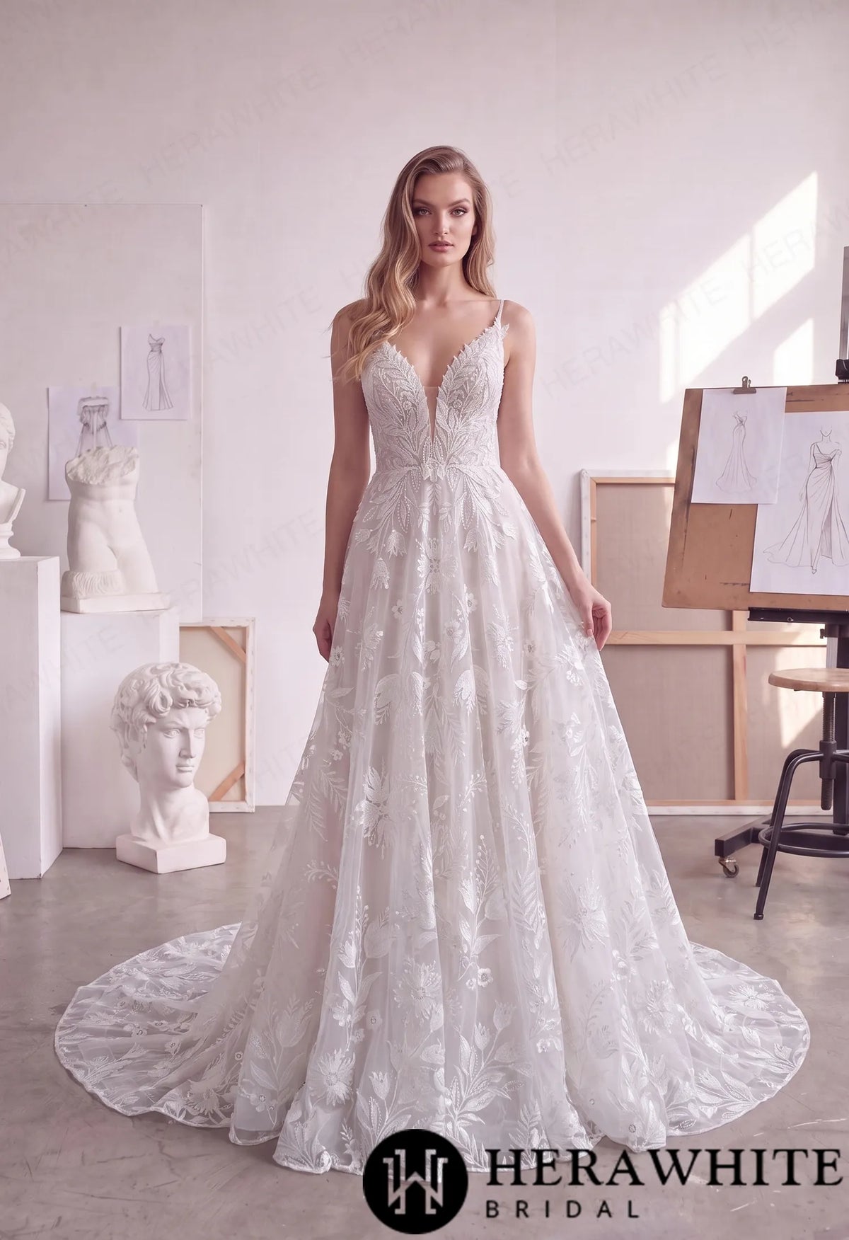 Floral Lace A-Line Wedding Dress with Plunging V-Neck HW4104 — HW4104 — image 1