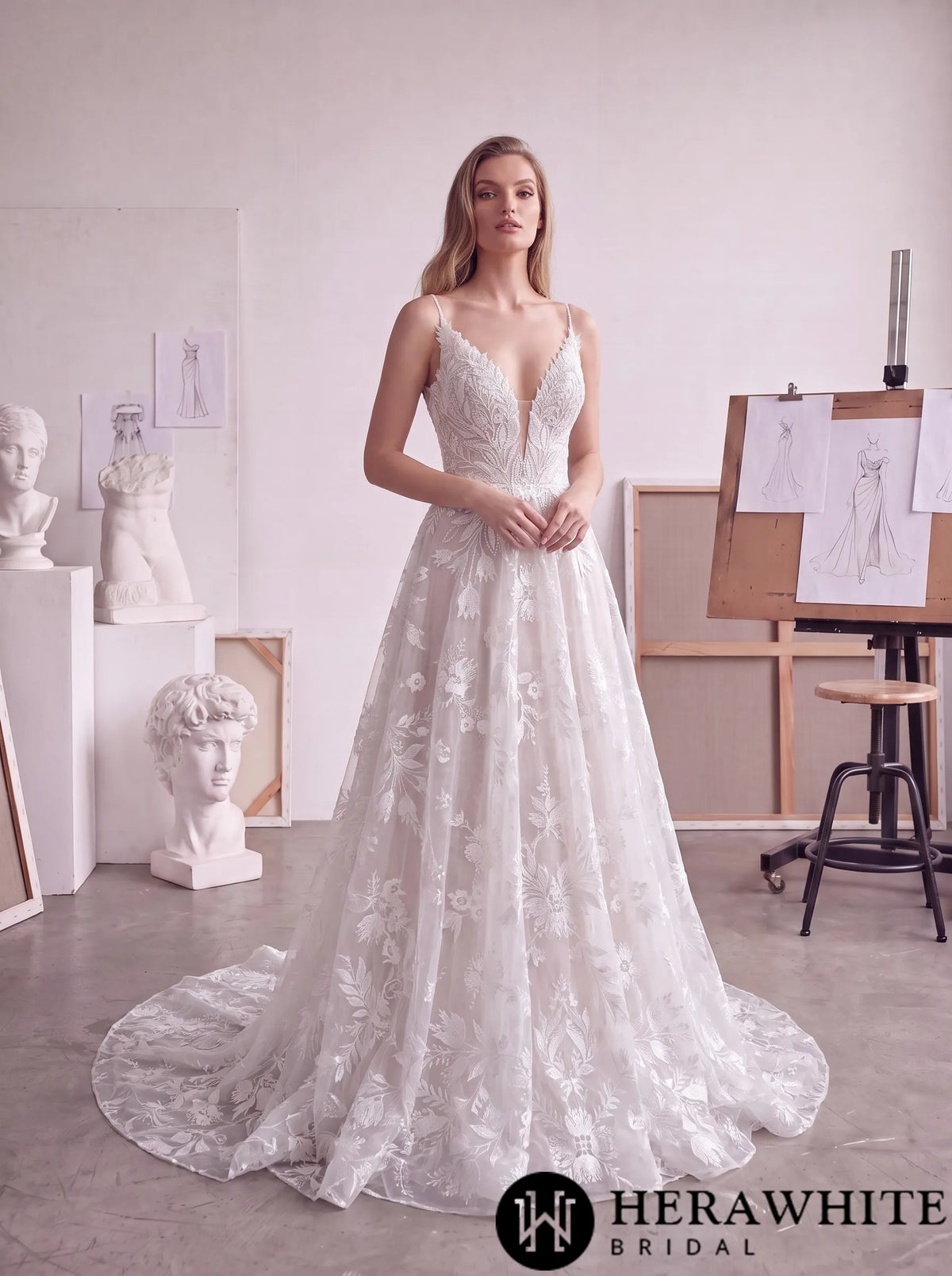 Floral Lace A-Line Wedding Dress with Plunging V-Neck HW4104 — HW4104 — image 3