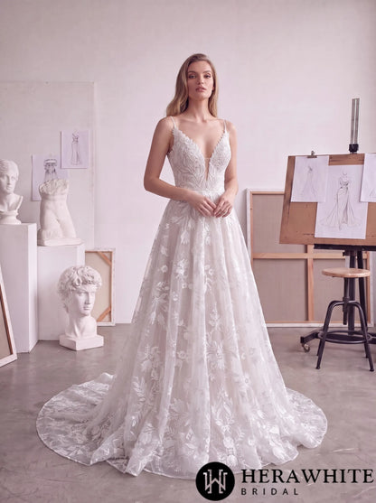 Floral Lace A-Line Wedding Dress with Plunging V-Neck HW4104 — HW4104 — image 3