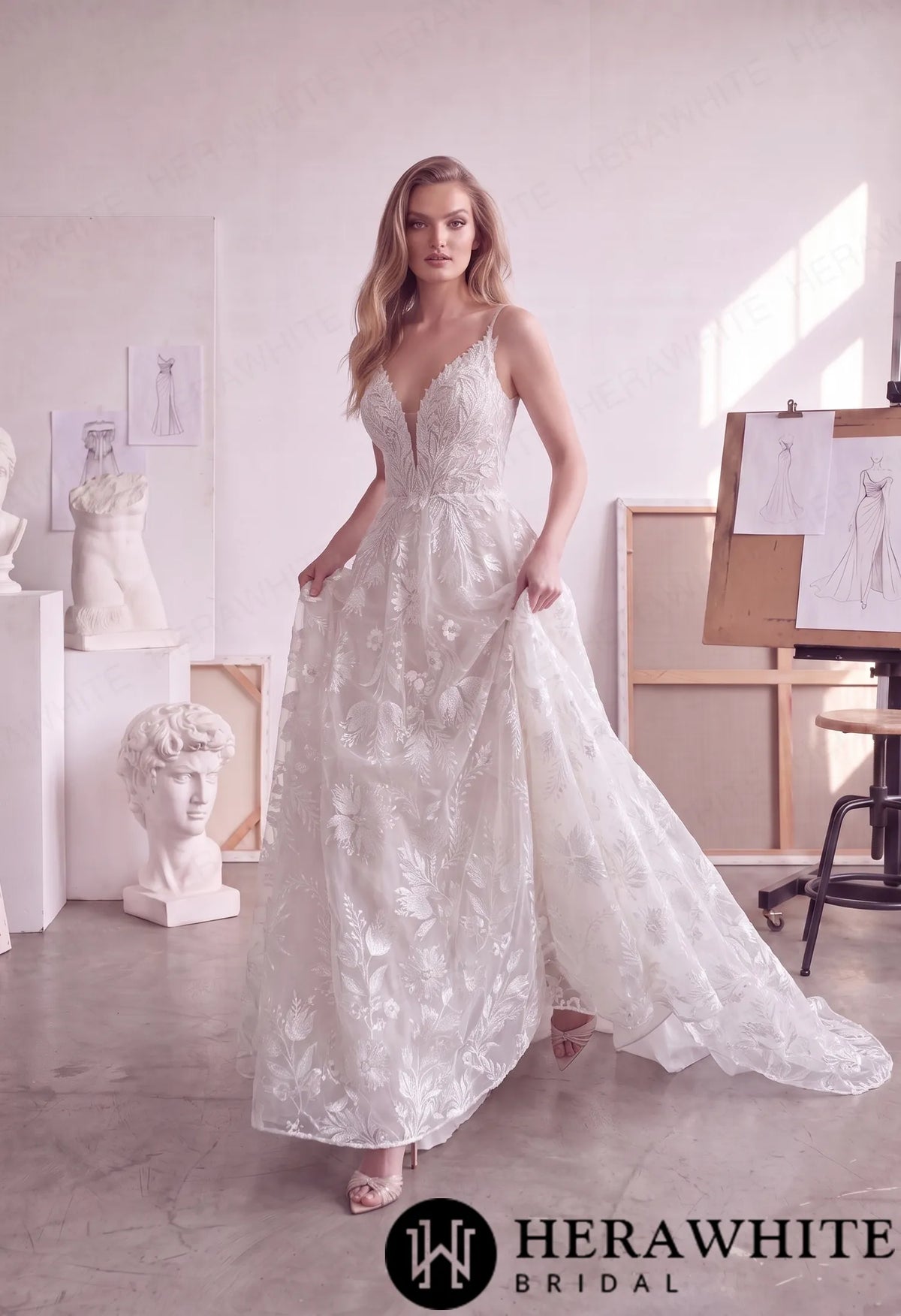 Floral Lace A-Line Wedding Dress with Plunging V-Neck HW4104 — HW4104 — image 4