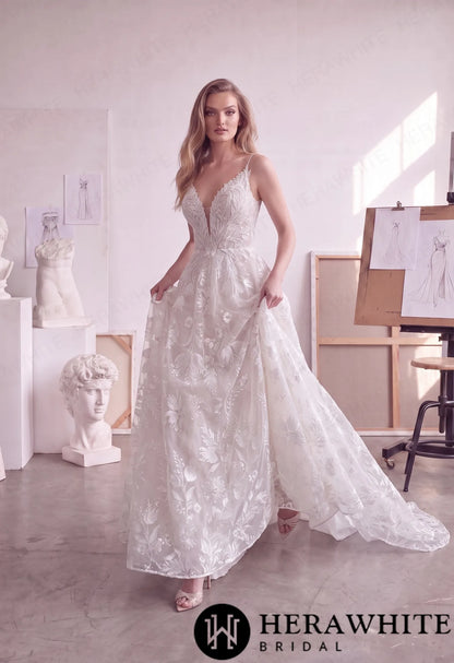 Floral Lace A-Line Wedding Dress with Plunging V-Neck HW4104 — HW4104 — image 4