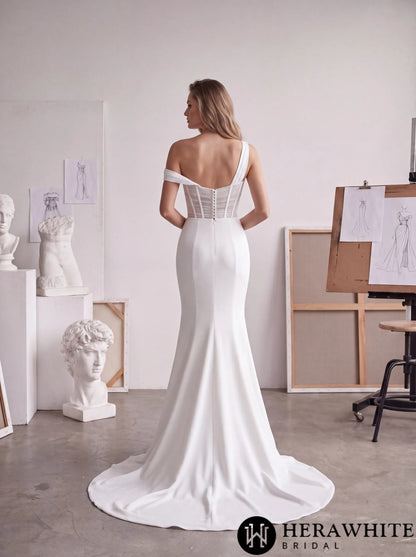 Asymmetrical Satin Wedding Dress - Sheer Corset Bodice — HW4105 — image 3
