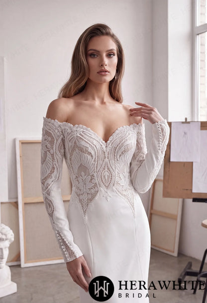 Off-Shoulder Long-Sleeve Crepe Wedding Dress with Lace HW4106 — HW4106 — image 2