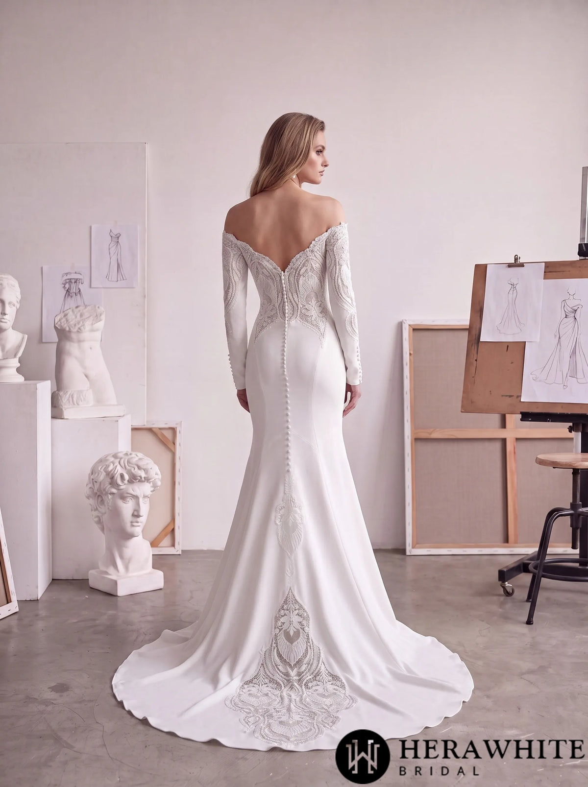Off-Shoulder Long-Sleeve Crepe Wedding Dress with Lace HW4106 — HW4106 — image 3