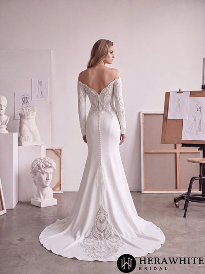 Off-Shoulder Long-Sleeve Crepe Wedding Dress with Lace HW4106 — HW4106 — image 3