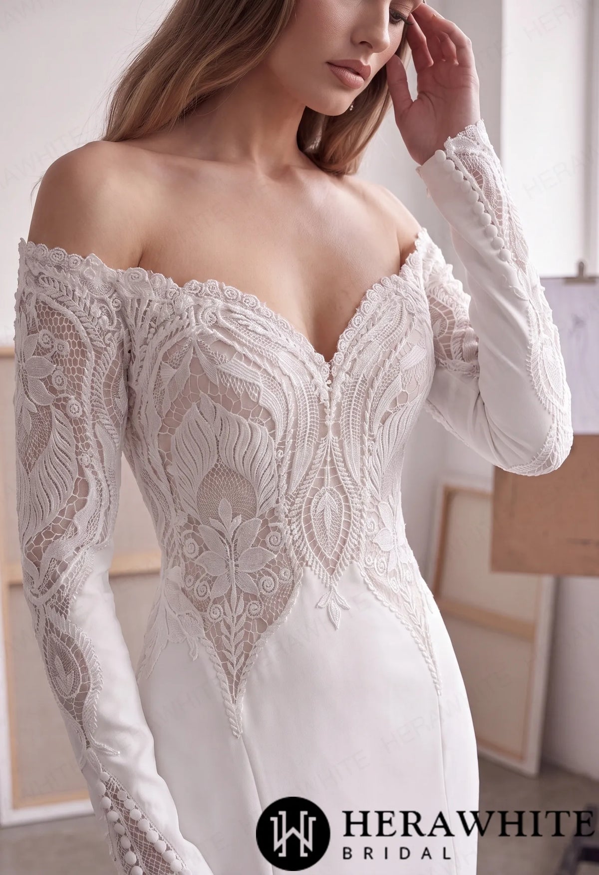 Off-Shoulder Long-Sleeve Crepe Wedding Dress with Lace HW4106 — HW4106 — image 4