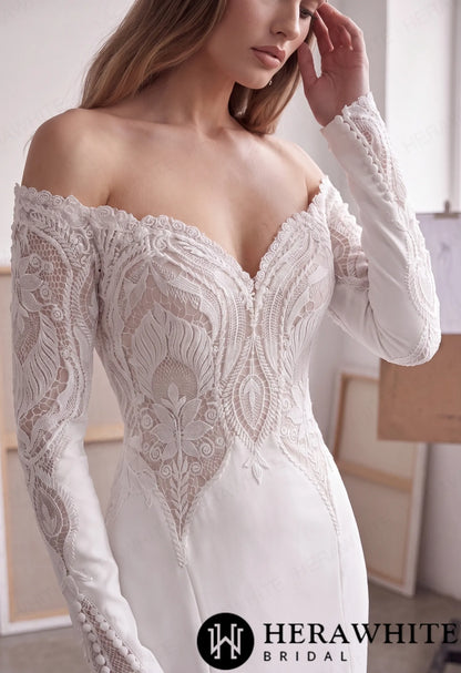 Off-Shoulder Long-Sleeve Crepe Wedding Dress with Lace HW4106 — HW4106 — image 4