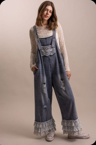 Crochet distressed denim overalls with crochet bib and hem details
