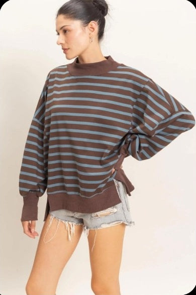 Oversized Striped Mock Neck Shirt mock-neck